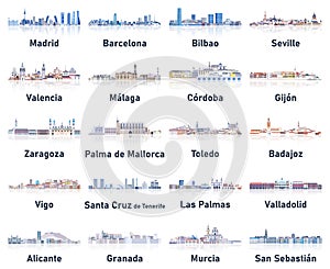 Spain cities skylines in soft cold tones color palette vector set photo