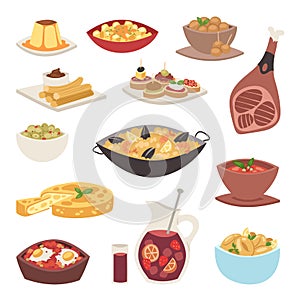 Spain cuisine cookery traditional food dish recipe spanish snack tapas crusty bread gastronomy vector illustration.