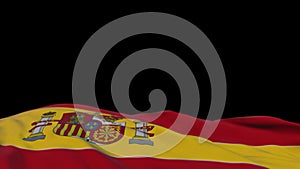 Spain fabric flag waving on the wind loop. Spanish embroidery stiched cloth banner swaying on the breeze. Half-filled black