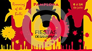 Spain fiestas Bullfighting abstract poster. 2024 Spanish San Fermin Festivals Bullfight Running bulls attraction sign