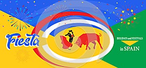 Spain fiestas Bullfighting abstract poster. 2024 Spanish San Fermin Festivals Bullfight Running bulls attraction sign