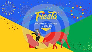 Spain fiestas Bullfighting abstract poster. 2024 Spanish San Fermin Festivals Bullfight Running bulls attraction sign