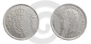 Spain fifty  ptas coin on a white isolated background