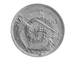 Spain five ptas coin on white isolated background