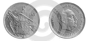 Spain five ptas coin on white isolated background