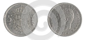 Spain  five ptas coin on white isolated background