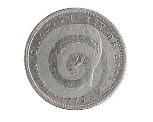 Spain  five ptas coin on white isolated background
