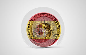 Spain flag on a bitcoin cryptocurrency coin. 3D Rendering