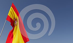 Spain flag on flagpole on blue background. Place for text. The flag is unfurling in wind. Spanish. Europe, Madrid. 3D illustration