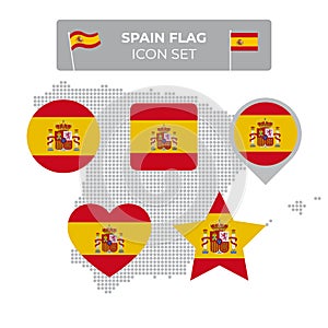 Spain flag icons set in the shape of square, heart, circle, stars and pointer, map marker, spain mosaic map. Spanish flag. Flat