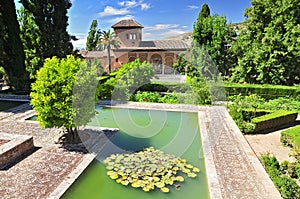 Spain. Granada. Alhambra. The Ladies Tower Torre de las Damas. Garden of the Partal