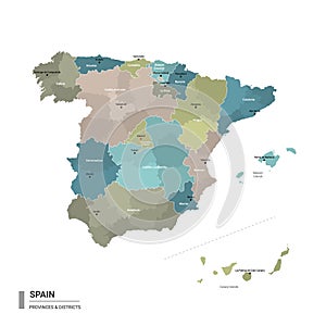 Spain higt detailed map with subdivisions. Administrative map of Spain with districts and cities name, colored by states and photo