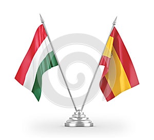 Spain and Hungary table flags isolated on white 3D rendering