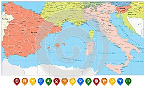 Spain and Italy Map and Colored Map Icons