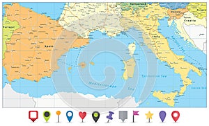 Spain and Italy Map and Flat Map Icons