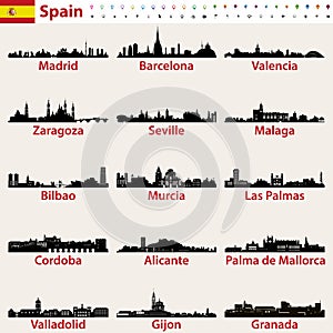 Spain largest cities skylines silhouettes vector set