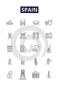 Spain line vector icons and signs. Iberian, Madrid, Barcelona, Castile, vibrant, La Liga, cuisine, culture outline photo