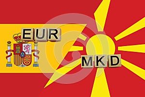 Spain and Macedonia currencies codes on national flags background