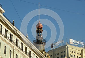 Spain, Madrid, 16 Calle de Sevilla, spire with the bell tower of the house