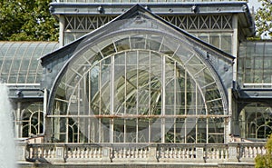 Spain, Madrid, El Retiro Park, Palacio de Cristal, glass veranda with a metal frame