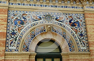Spain, Madrid, El Retiro Park, Palacio de Velazquez (Velazquez Palace), Arch decorated with coloured tiles
