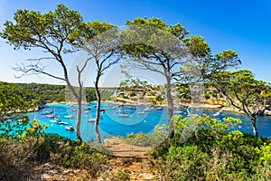 Spain Majorca beautiful beach and bay with boats at Portals Vells photo