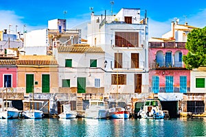 Spain Majorca, idyllic harbor of Porto Colom with colorful houses