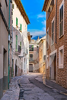 Spain Majorca, street with mediterranean buildings in Soller village