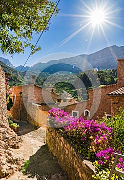 Spain Majorca, sun shine in beautiful old mountain village Fornalutx