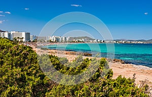 Beach coastline at tourist resort Cala Millor on Majorca island, Spain