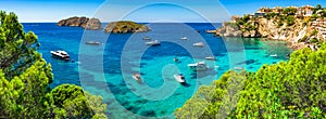 Spain Mallorca, beautiful panorama seascape, bay with boats at Santa Ponsa coast.