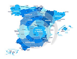 Spain map. Cities, regions. Vector