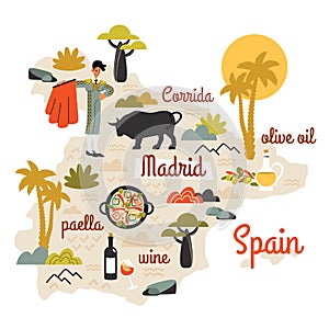 Spain map hand drawn with doodle elements. Tourist attractions, cultural landmarks, bullfightingbull, paella, traditional food,