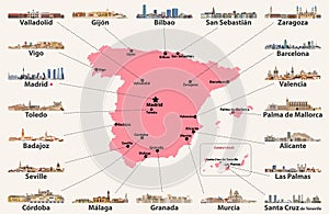 Spain map with main cities skylines. Vector illustration