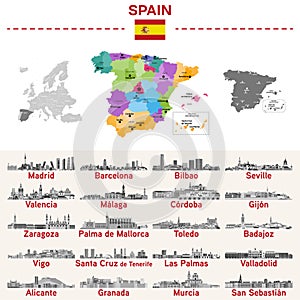 Spain map with main cities on it. Spanish cities skylines illustrations photo