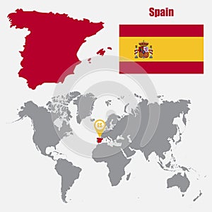 Spain map on a world map with flag and map pointer. Vector illustration