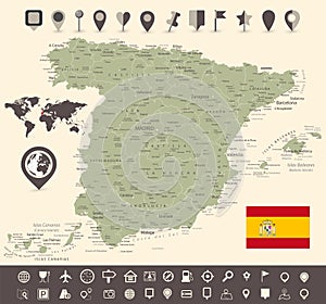 Spain Map and World Map with Navigation Icon Set