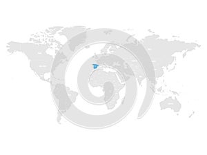 Spain marked by blue in grey World political map. Vector illustration
