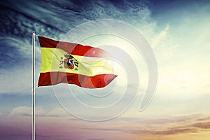 Spain national flag waving at sunrise