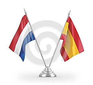 Spain and Netherlands table flags isolated on white 3D rendering