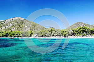 Spain. Palma de Majorca. Blue water of Mediterranean sea. Fantastic view on beach.