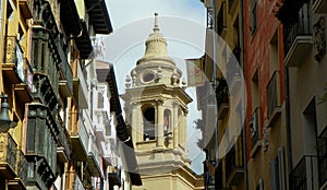 Spain, Pamplona, Calle Curia, Pamplona Cathedral bell tower