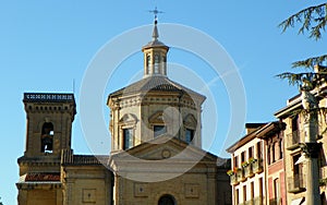 Spain, Pamplona, Paseo Dr. Arazuri, church of San Lorenzo, main dome and bell tower of the church