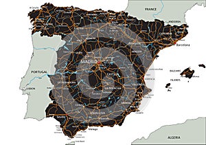 High detailed Spain road map with labeling.