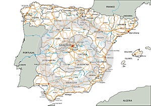 High detailed Spain road map with labeling.