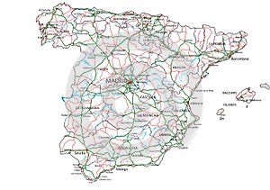 High detailed Spain road map with labeling.