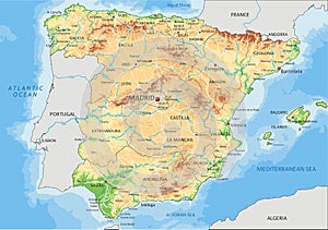 High detailed Spain physical map with labeling.