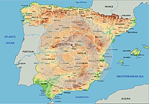 High detailed Spain physical map with labeling.