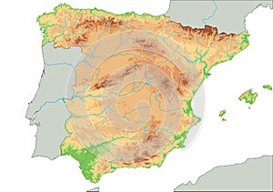 High detailed Spain physical map.