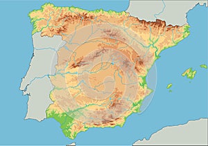 High detailed Spain physical map.